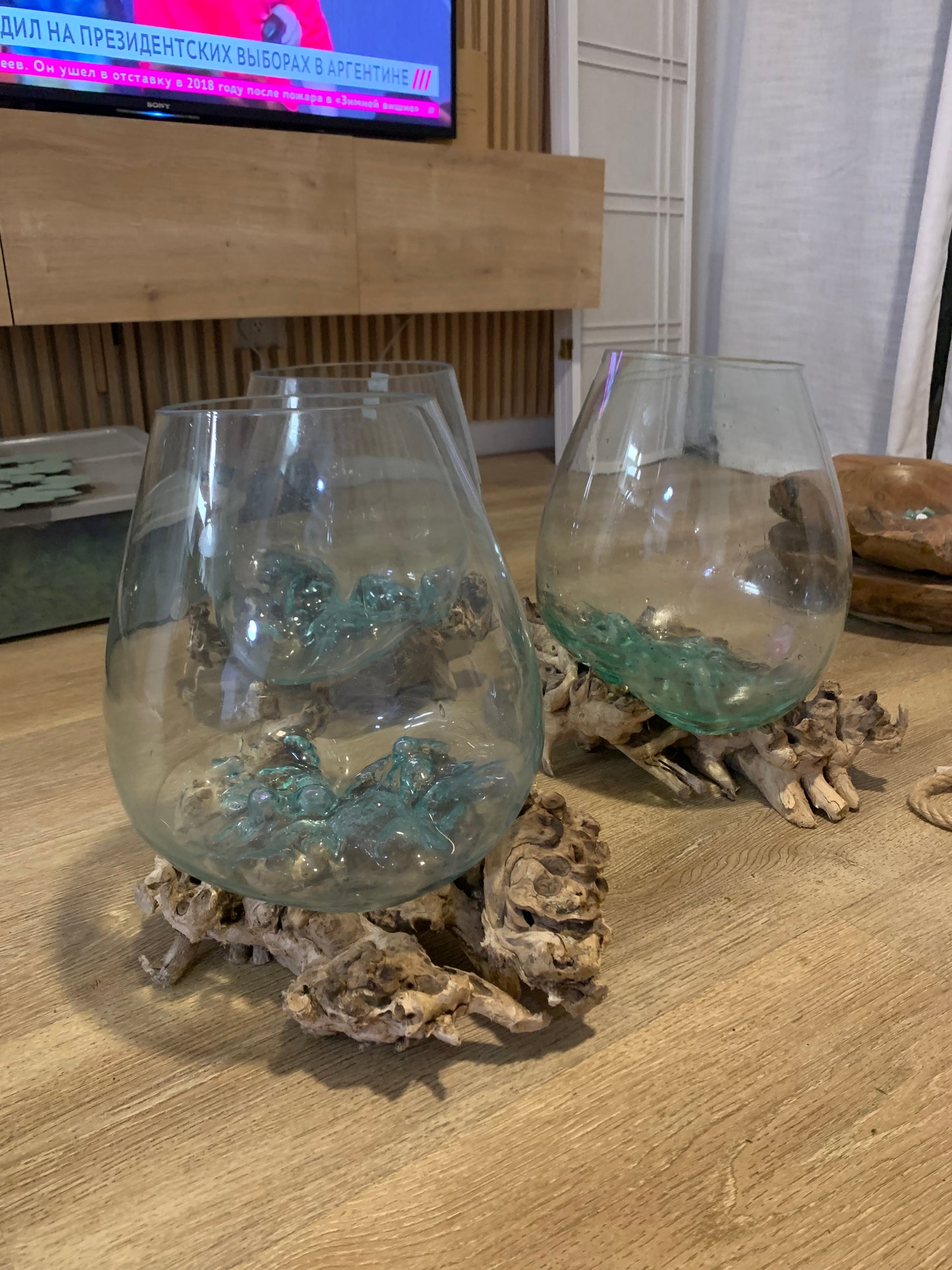 15 inch Diameter Molten Glass Driftwood Wood Bowl Terrarium, Hand Blown, Recycled Glass
