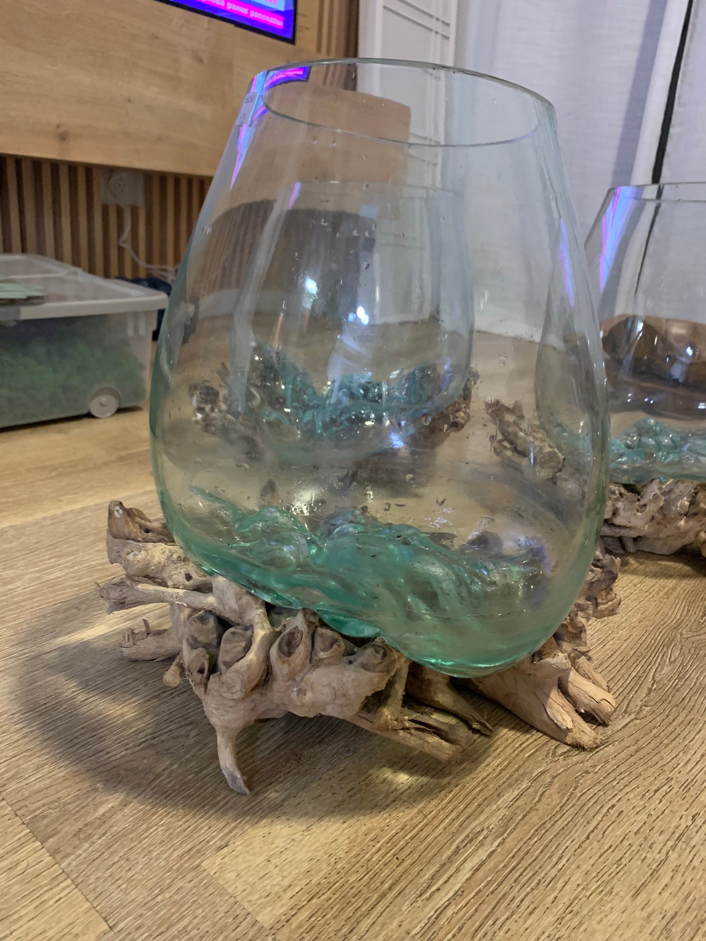 15 inch Diameter Molten Glass Driftwood Wood Bowl Terrarium, Hand Blown, Recycled Glass