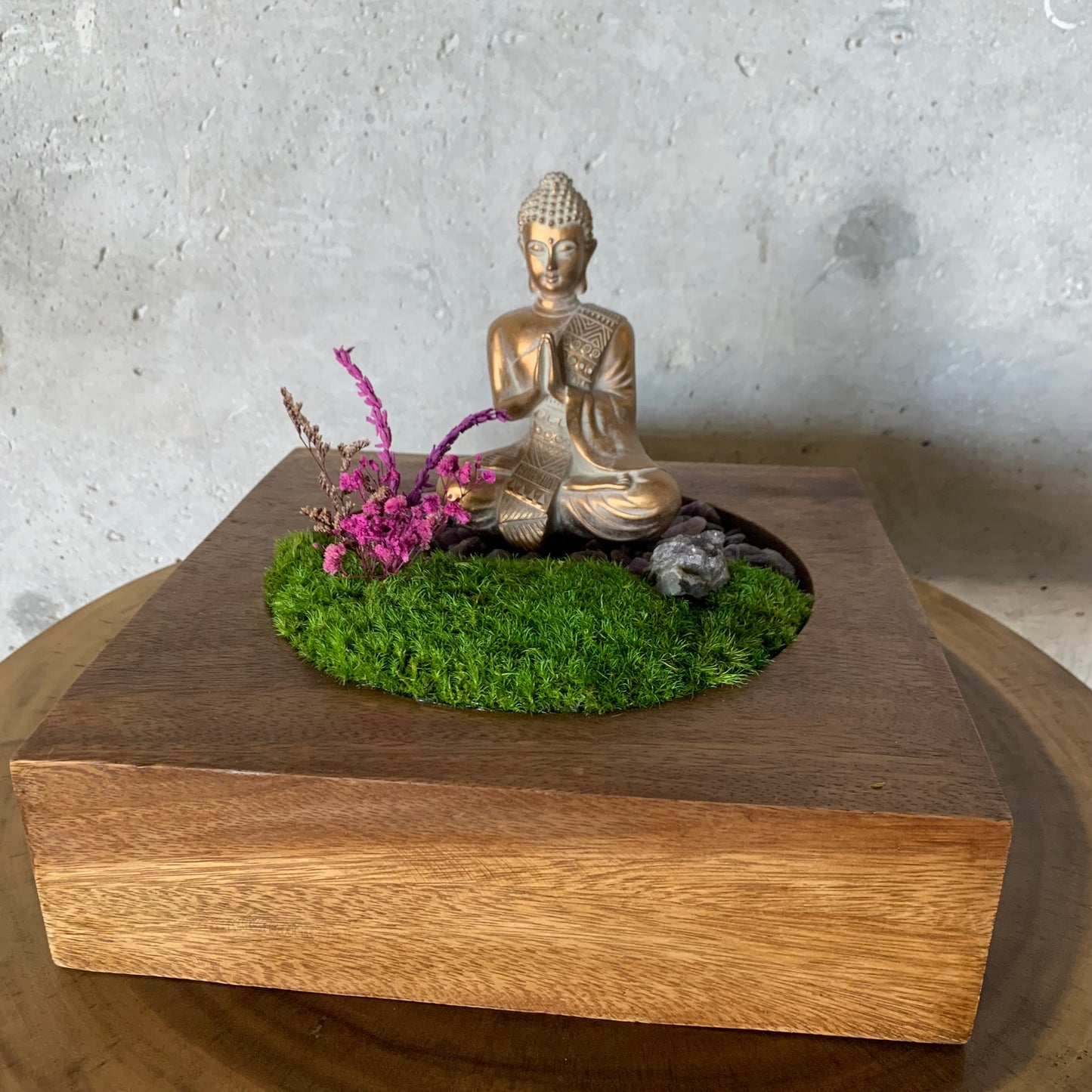 Moss with a Gold Buddha in a Square Wood Bowl