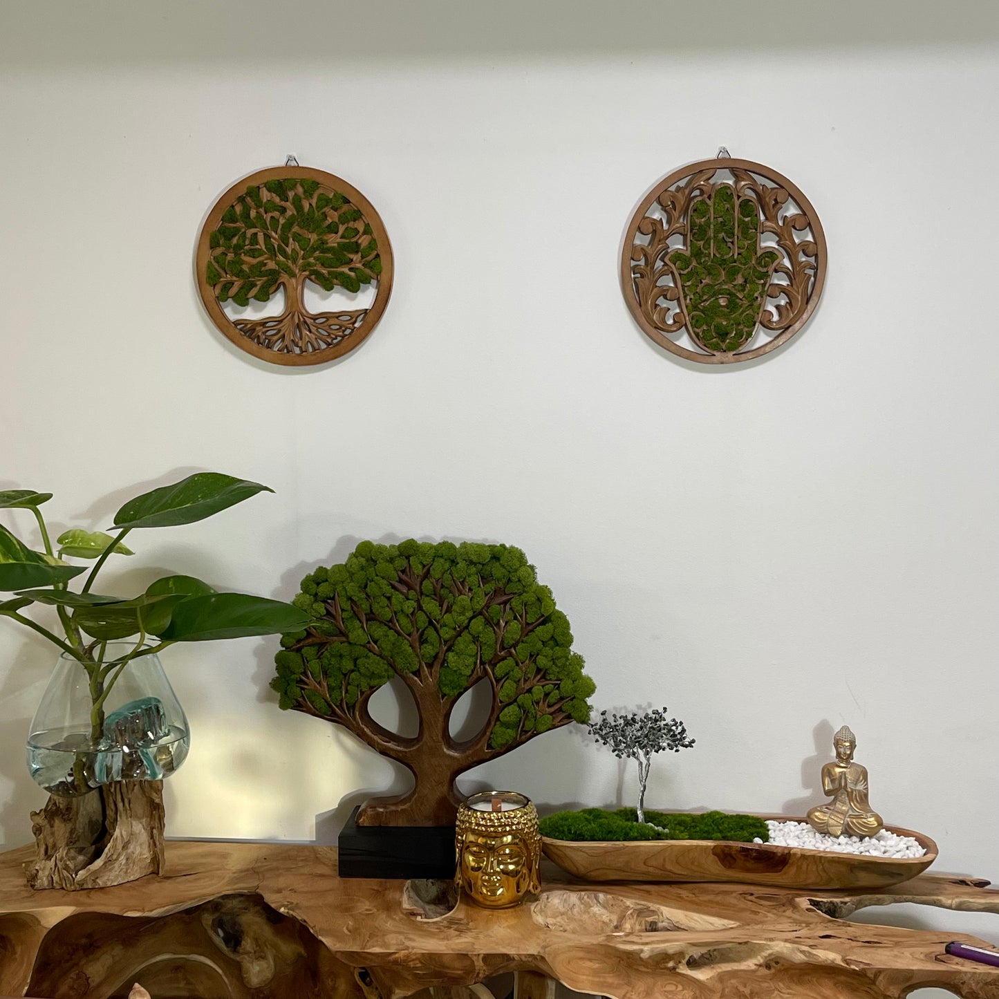 Handcrafted Moss Hamsa Fatima Hand Decor For Home Blessings Protection Rustic Wall Mounted Art