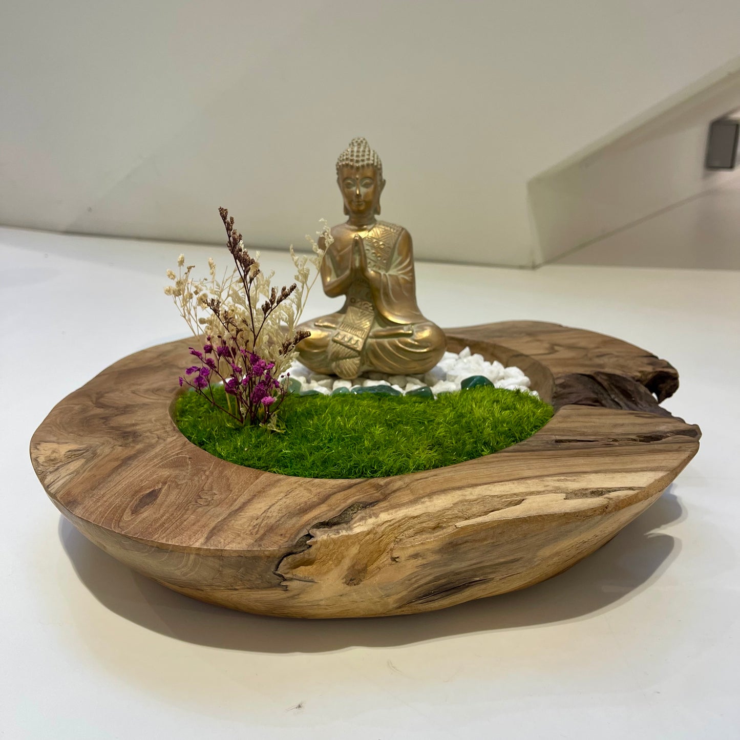 Amethyst stones- Buddha with Preserved Moss in Teak Wood