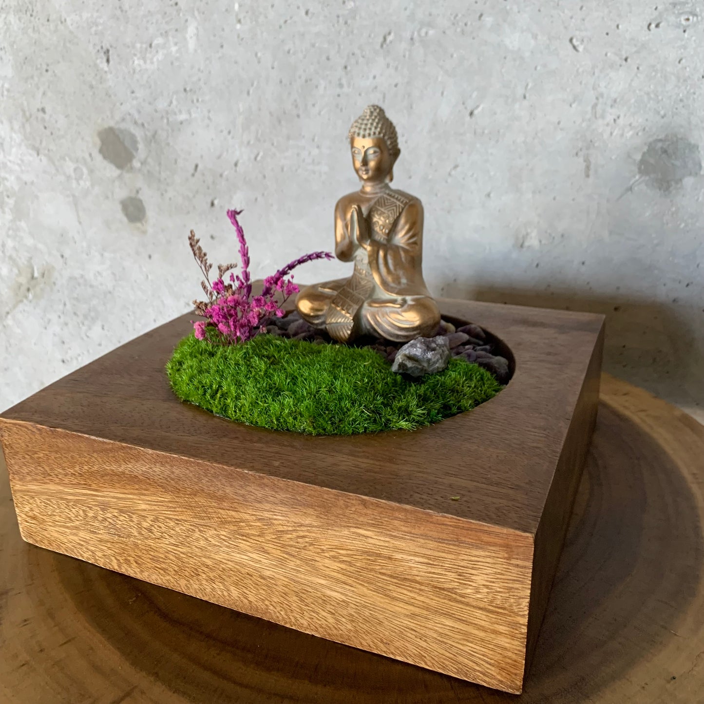 Moss with a Gold Buddha in a Square Wood Bowl