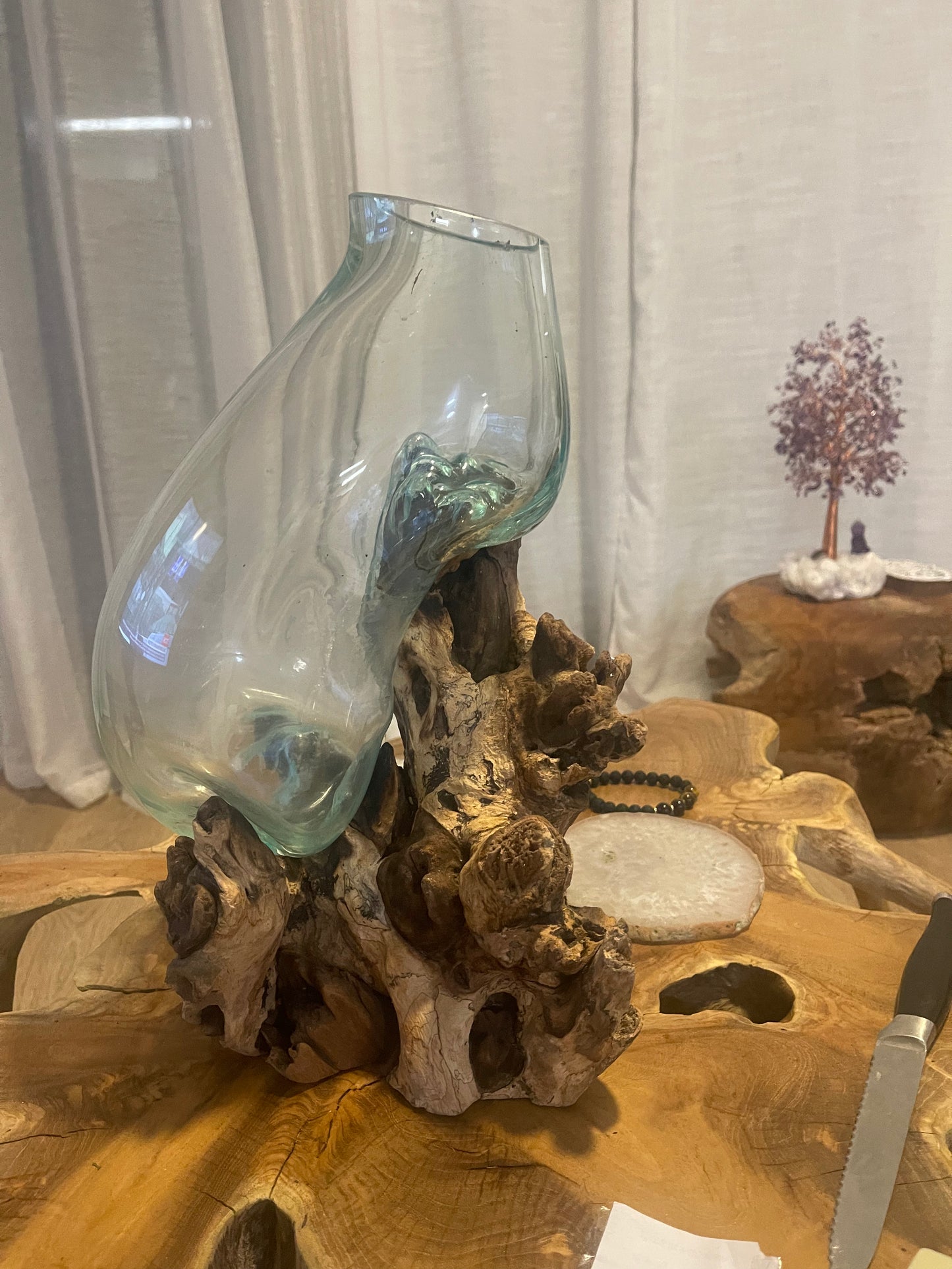 14 Inches Tall Molten Glass Driftwood Wood Bowl Terrarium, Hand Blown, Recycled Glass