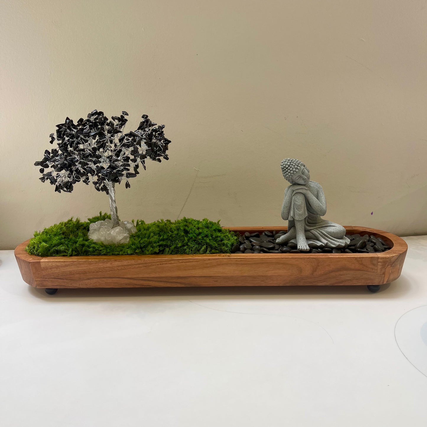 Buddha with Black Crystal Tree and Moss 22 inch long