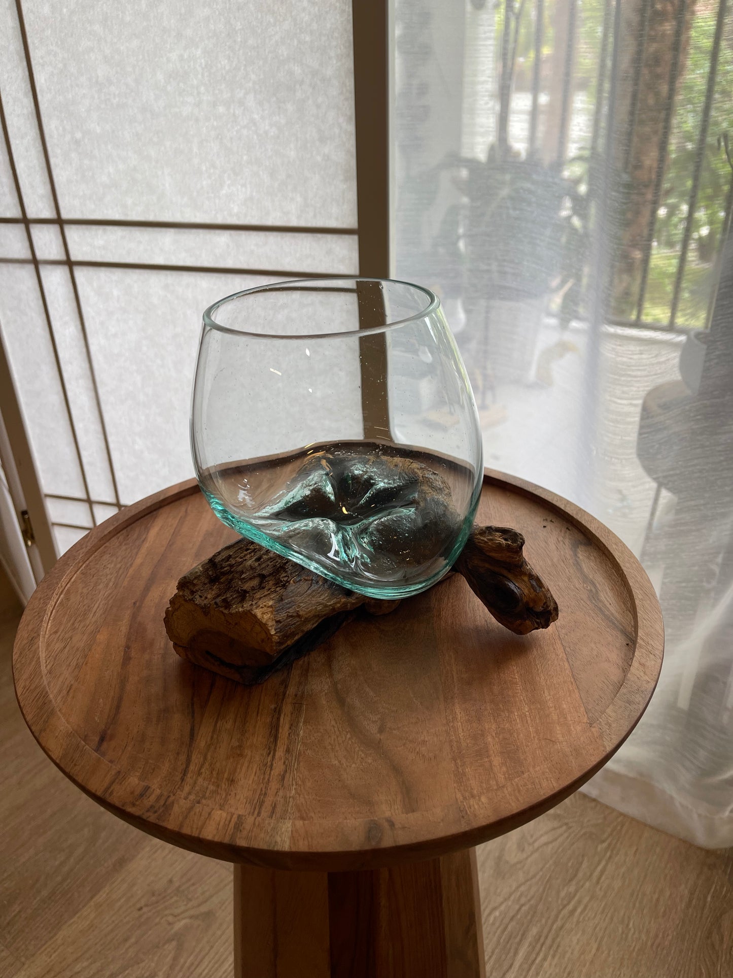 5 inch Diameter Molten Glass Driftwood Wood Bowl Terrarium, Hand Blown, Recycled Glass
