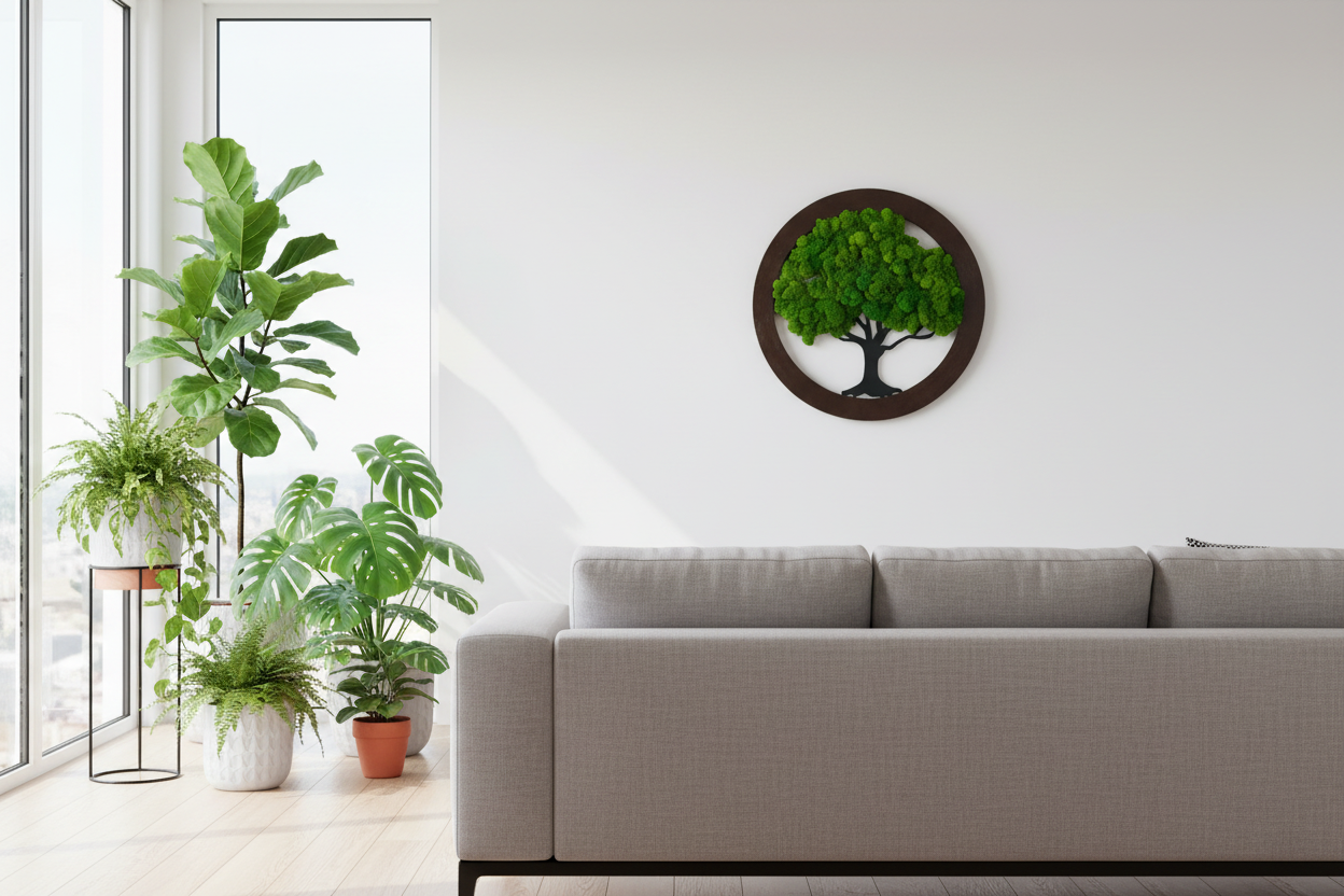 Moss tree art with couch and window plants