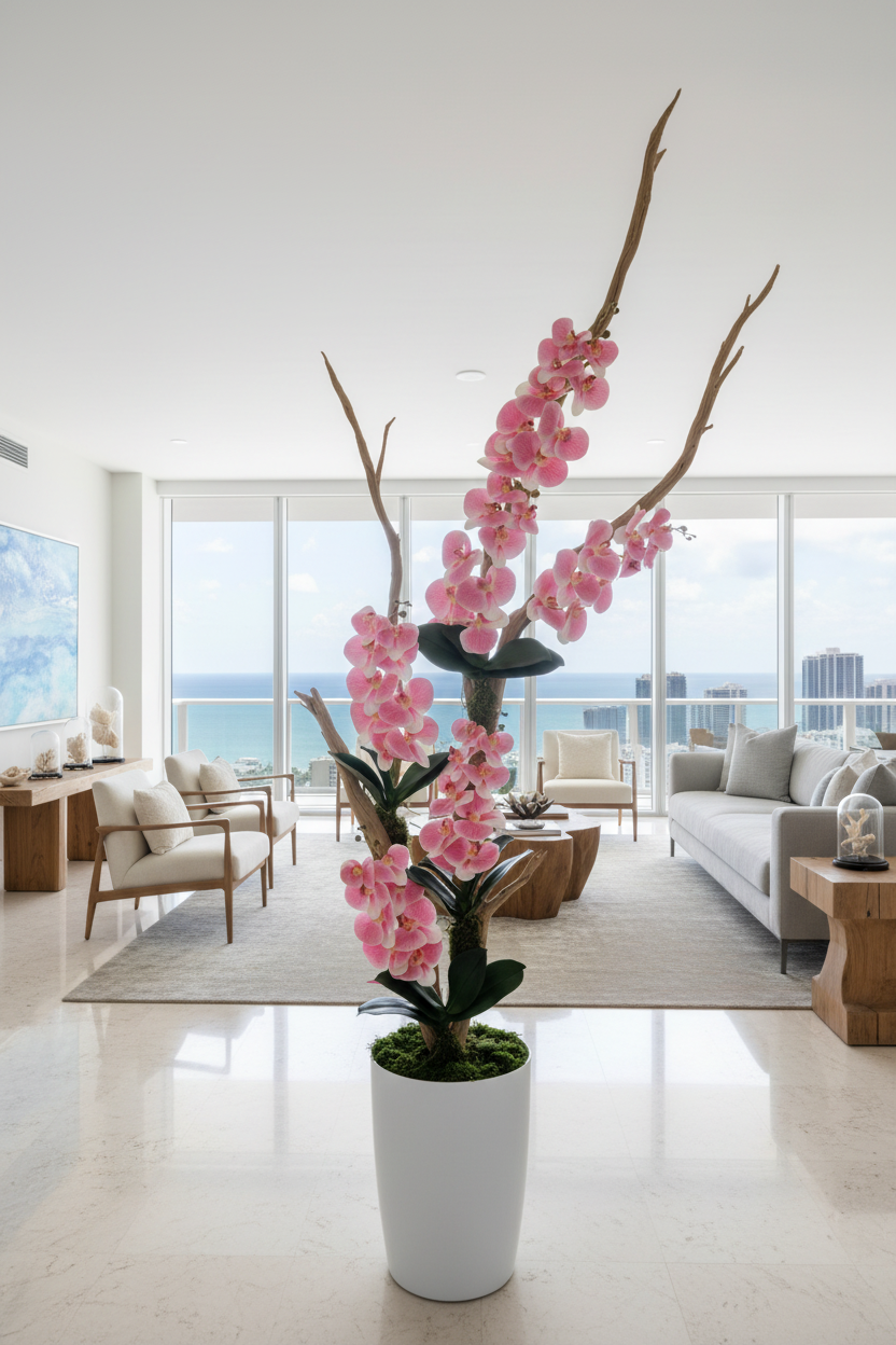 Tall orchid arrangement in modern Miami residence