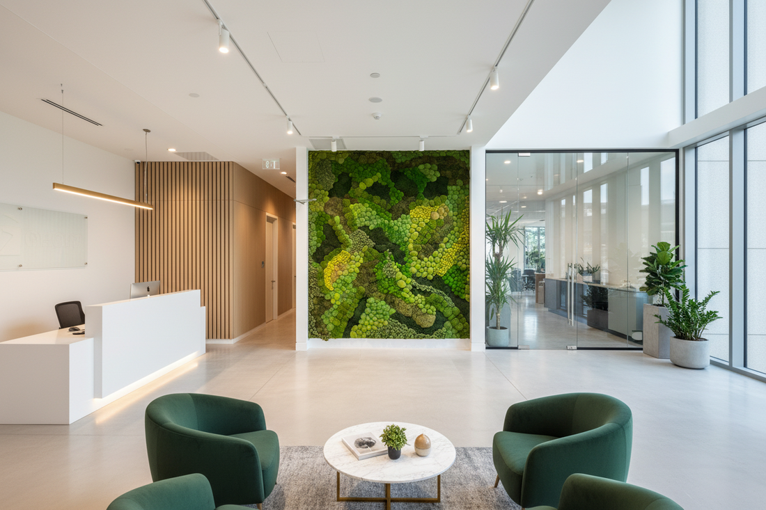 Preserved moss wall art installation in a modern commercial office entryway by TropicalCoArt