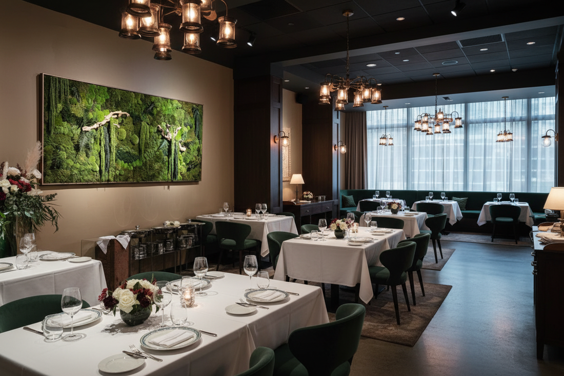 Moss wall art is a popular choice for restaurants.