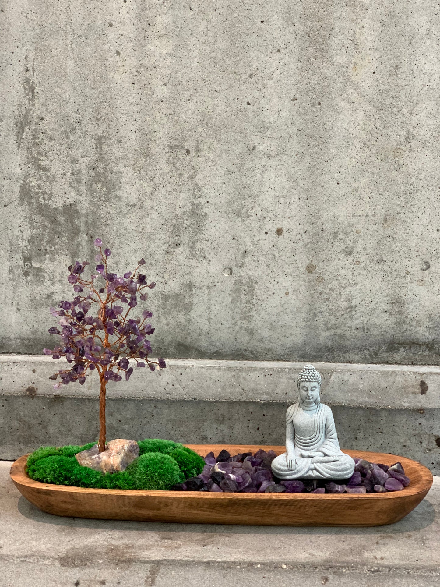 Meditating Buddha with Amethyst Tree and Moss