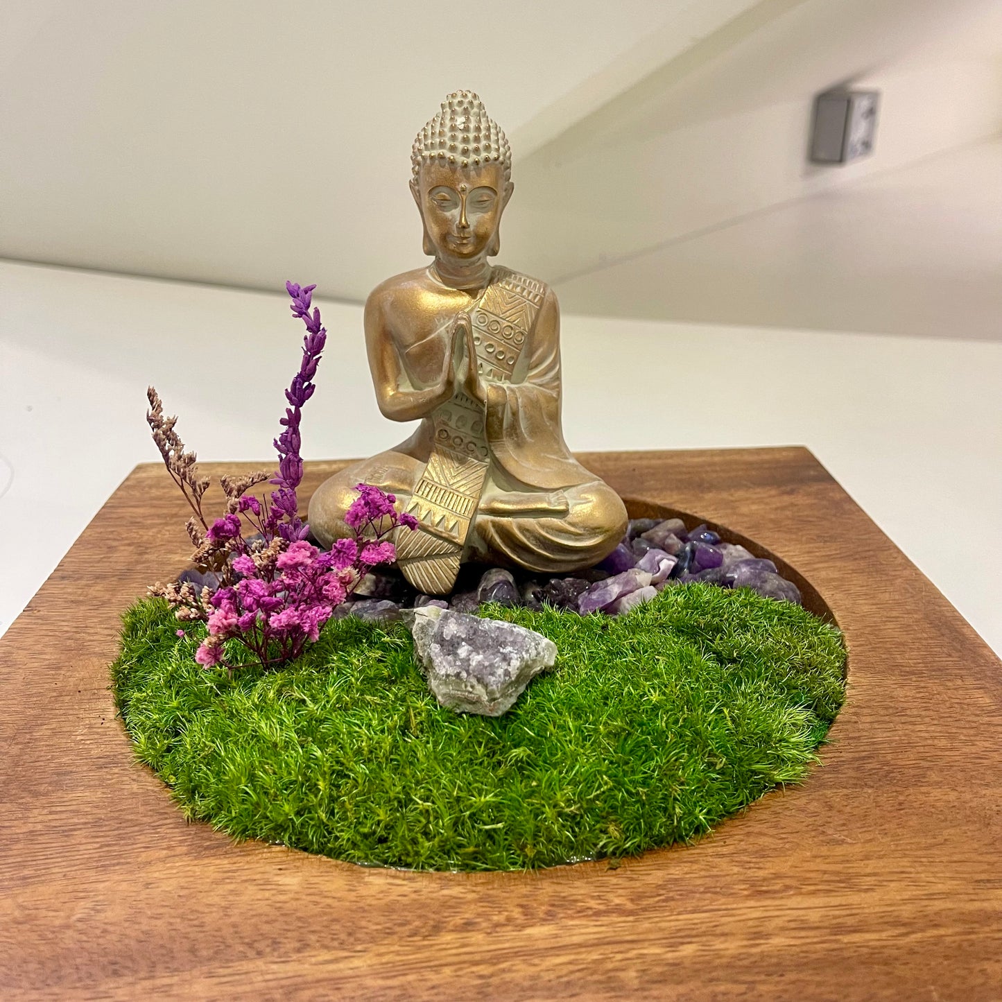 Moss with a Gold Buddha in a  Square Wood Bowl