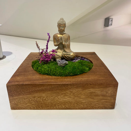 Moss with a Gold Buddha in a  Square Wood Bowl