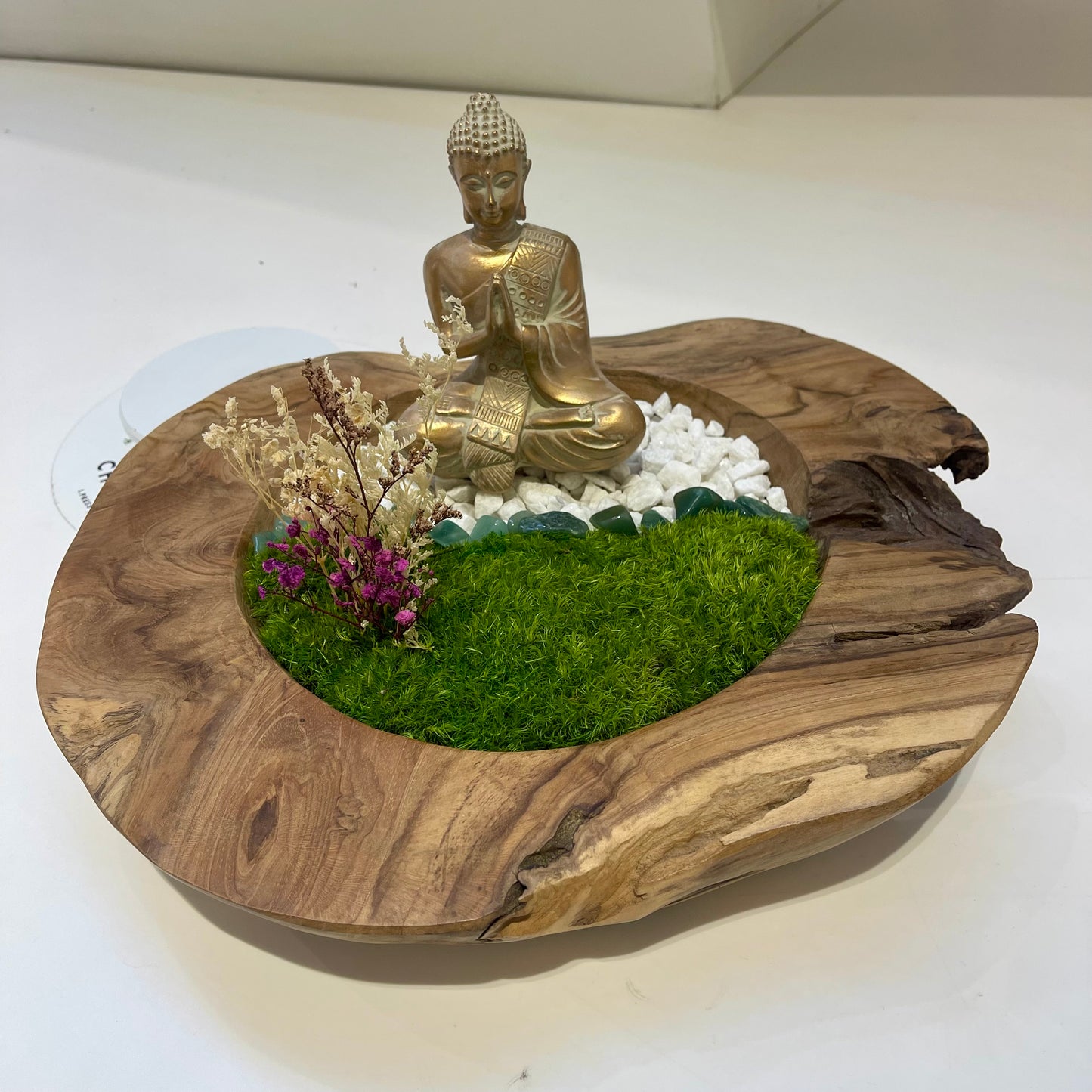 Amethyst stones- Buddha with Preserved Moss in Teak Wood