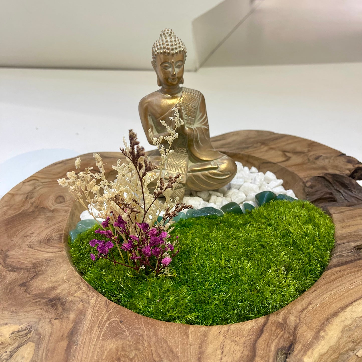 Amethyst stones- Buddha with Preserved Moss in Teak Wood