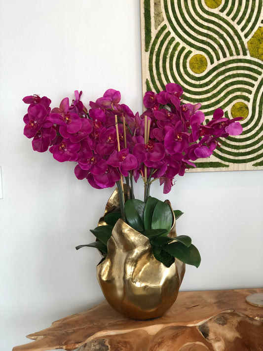 Artificial 30" Orchid Flower Composition in bronze color metal case with moss