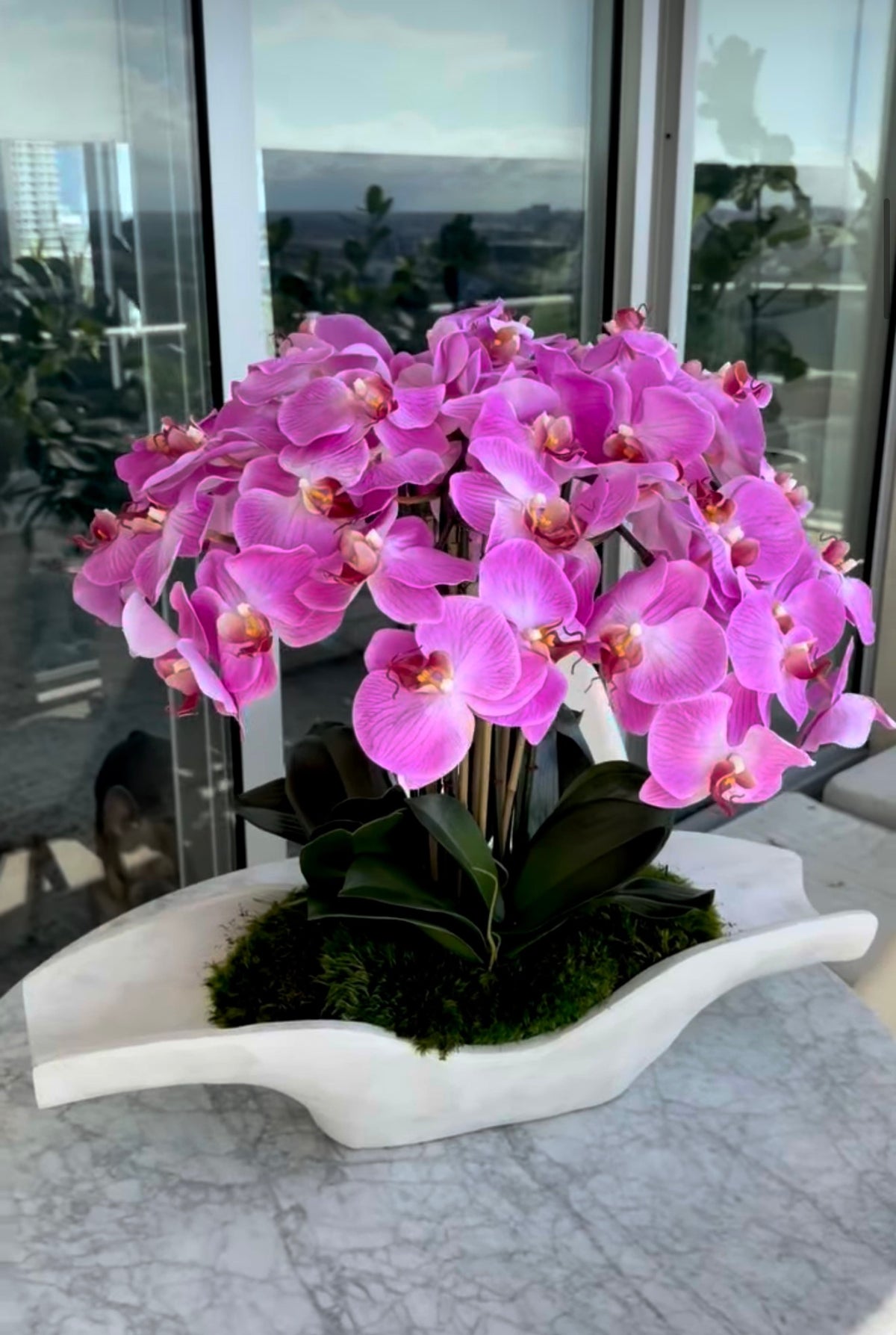 Faux Purple Orchids Flower Composition in Wooden  Vase with Natural Moss – Luxury Botanical Decor Florida