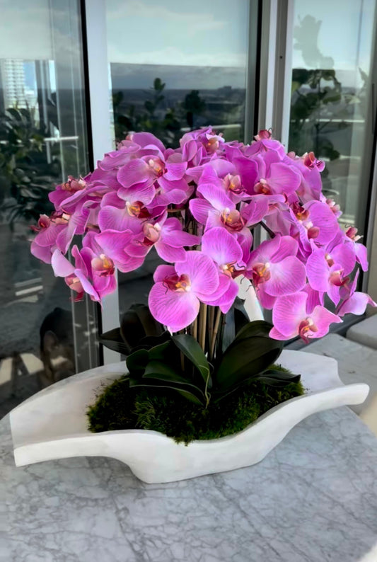 Faux Purple Orchids Flower Composition in Wooden  Vase with Natural Moss – Luxury Botanical Decor Florida