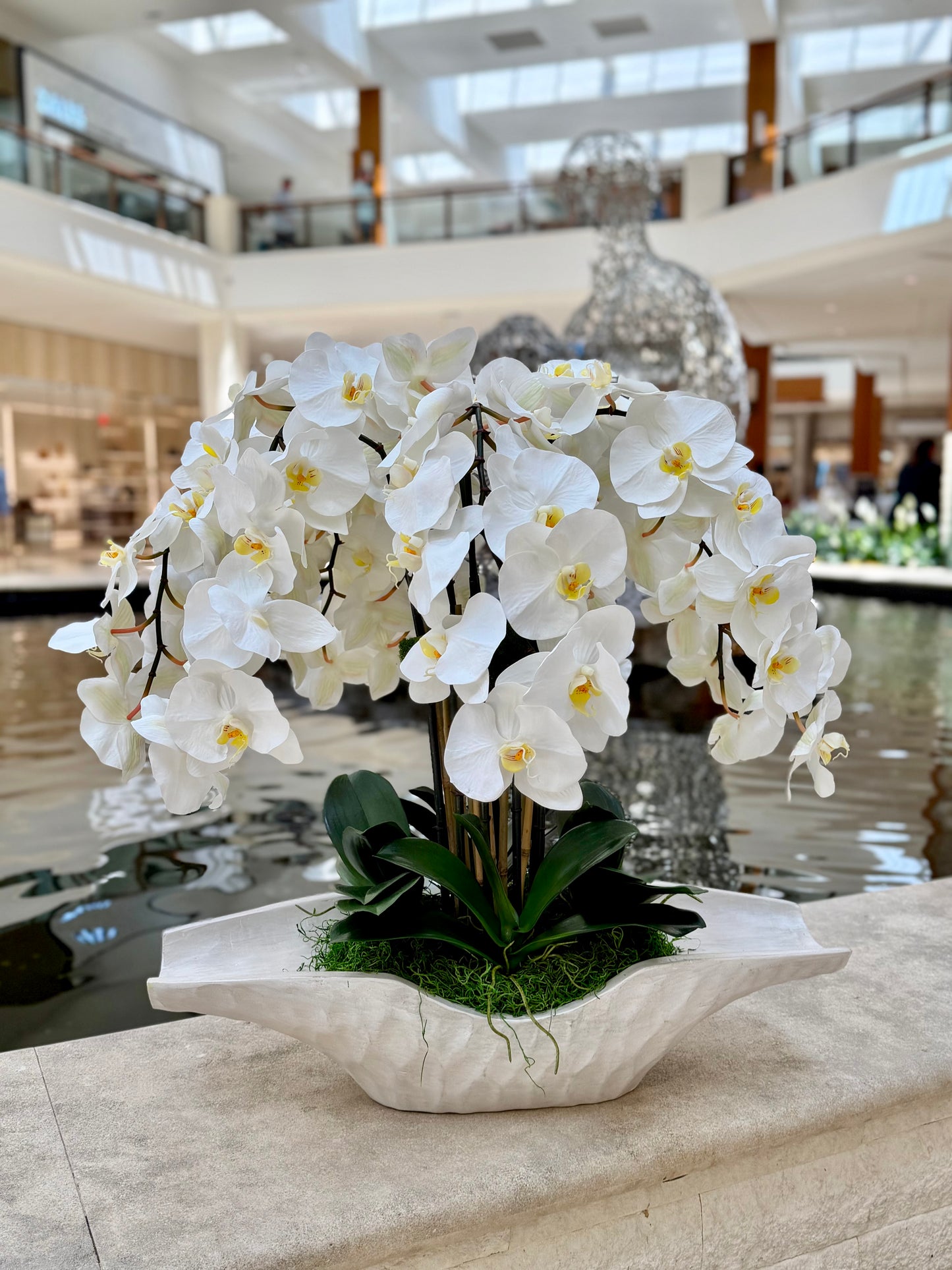 Faux White Orchids Flower Composition in Wooden  Vase with Natural Moss – Luxury Botanical Decor Florida