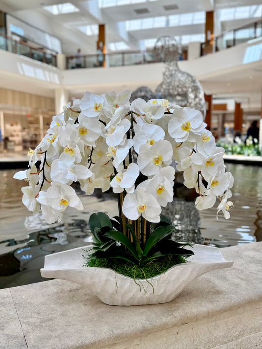 Faux White Orchids Flower Composition in Wooden  Vase with Natural Moss – Luxury Botanical Decor Florida