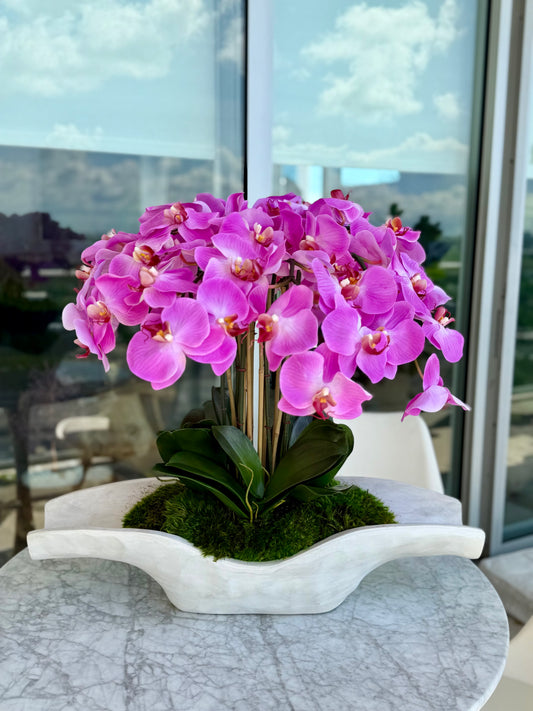 Faux Purple Orchids Flower Composition in Wooden  Vase with Natural Moss – Luxury Botanical Decor Florida