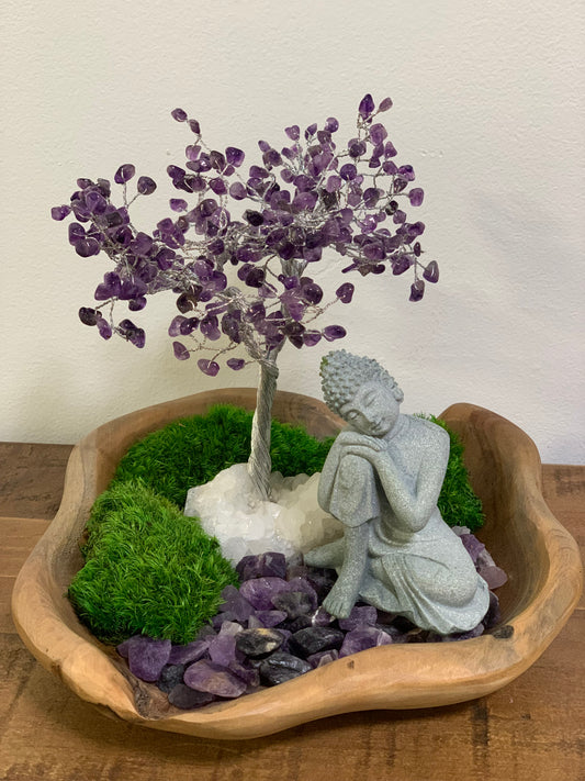 Buddha with Amethyst and Natural Wood and Preserved Moss