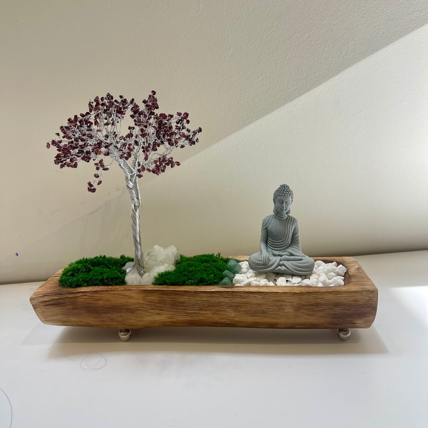 Buddha with Red Crystal Tree and Moss 15 inch long