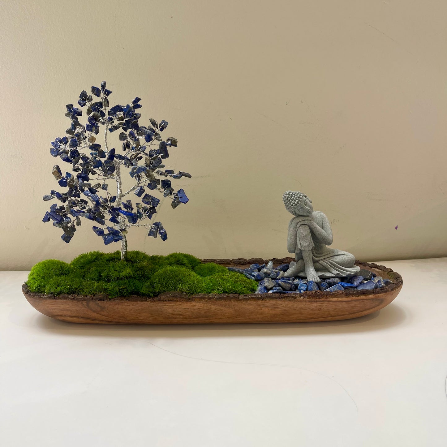 Buddha with Lapis Stone Crystal Tree and Moss 16 inch long