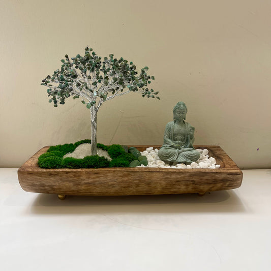 Buddha with Aventurine Crystal Tree and Moss 15 inch long