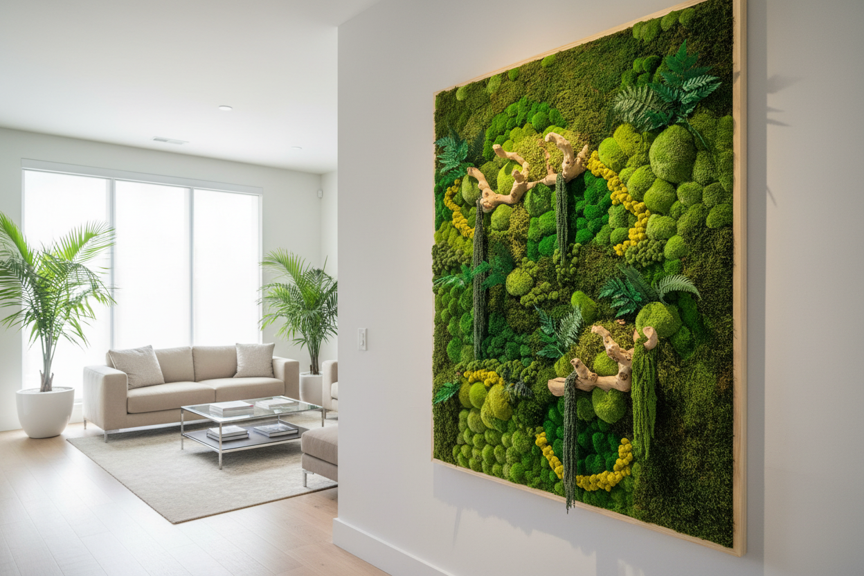 Angled view of moss art in Miami interior