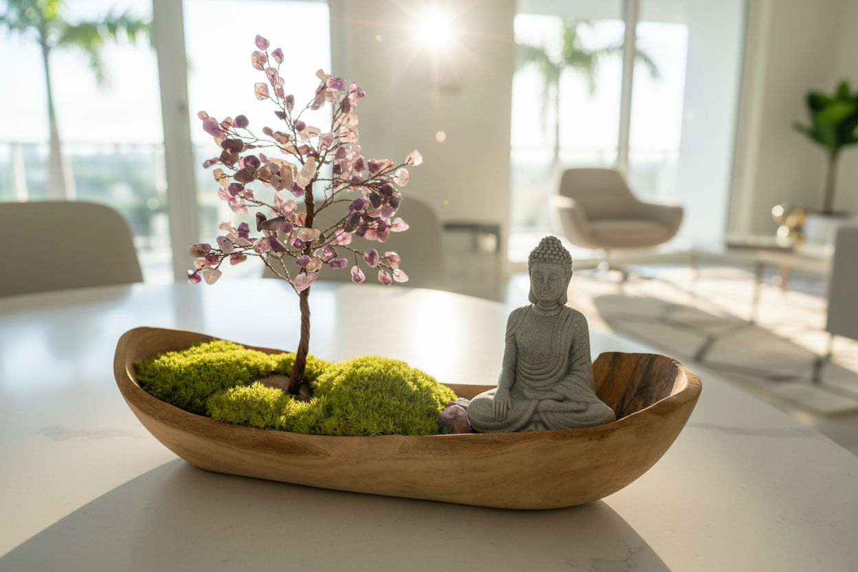 Buddha with crystal tree close-up in Miami interior