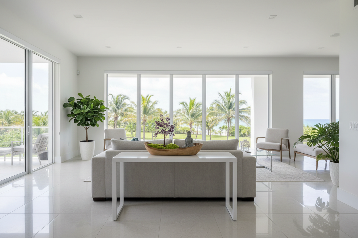 Buddha with crystal tree in modern Miami interior