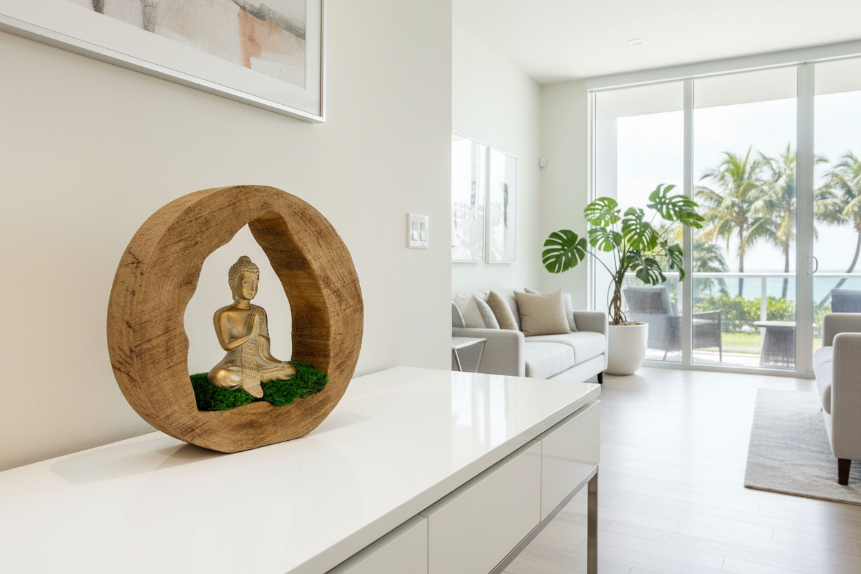 Golden Buddha with moss smaller scale in Miami interior