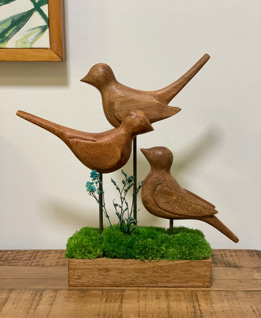 Natural Wooden Mango Bird Stand on a field of Moss