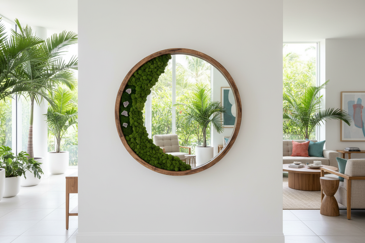 Mirror with moss and crystals in modern Miami tropical interior