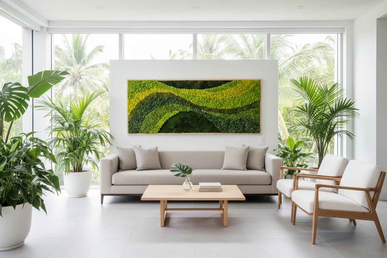 Moss art in contemporary Miami tropical living room