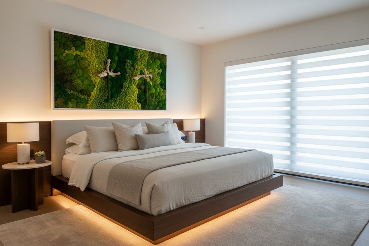 Moss art in designer bedroom
