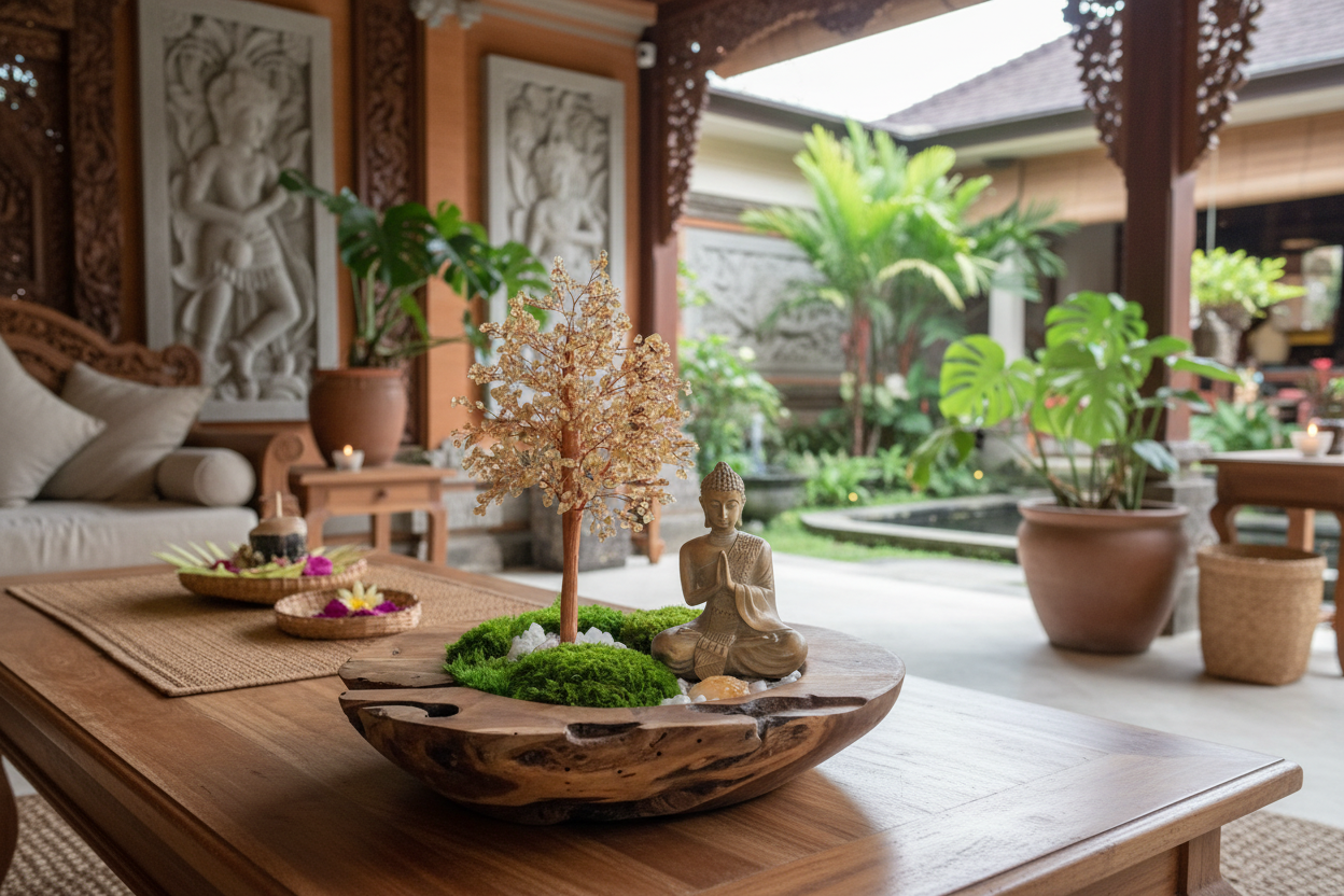 Moss art piece in Balinese tropical interior