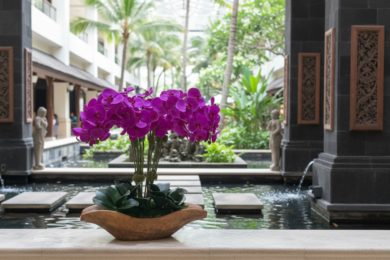 Orchid arrangement in Bali hotel lobby