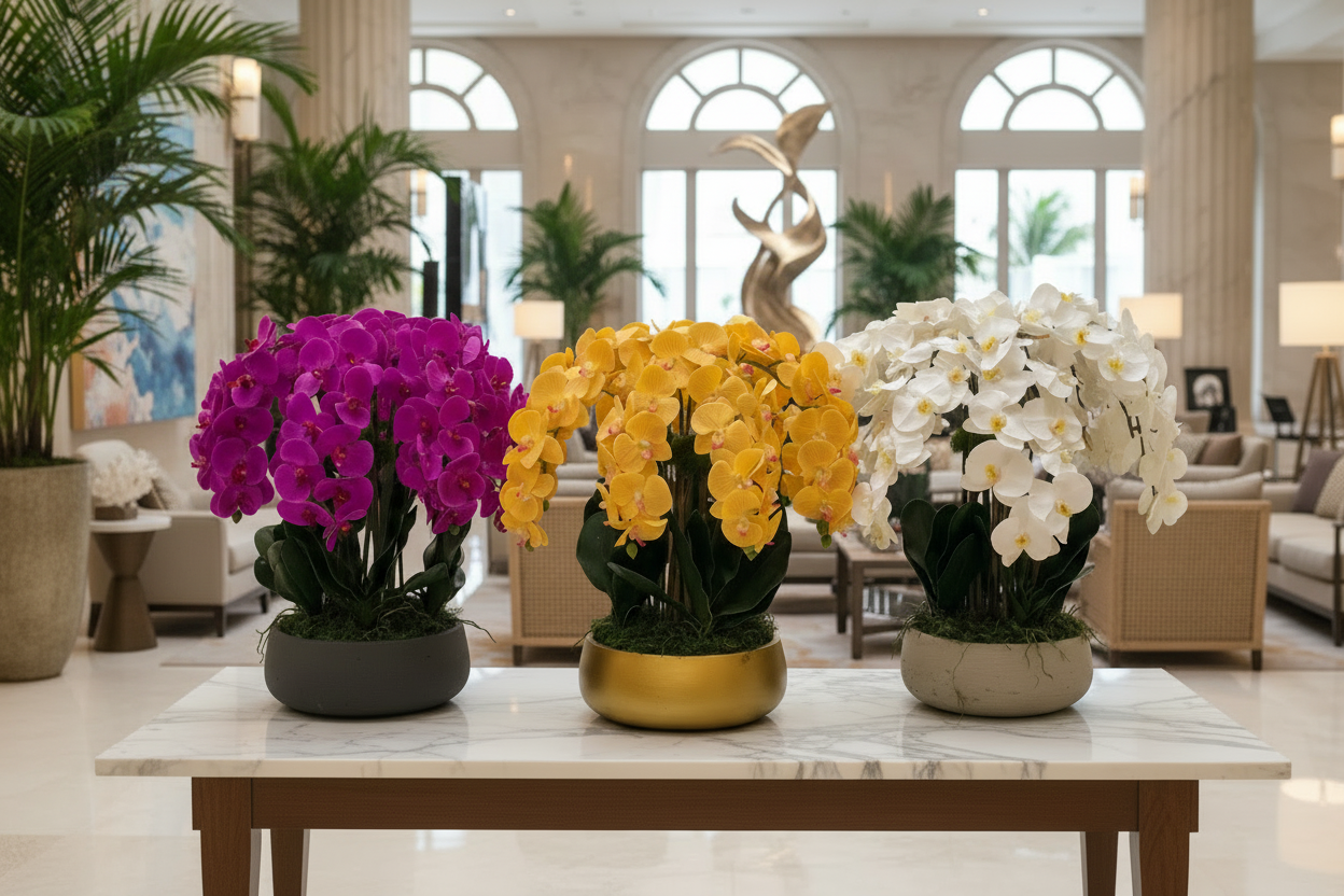 Orchid Arrangements in Miami Tropical Hotel