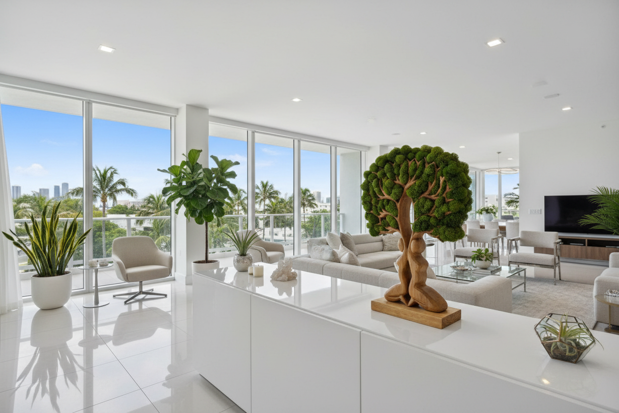 Tree of life fertility as table decor in modern Miami interior