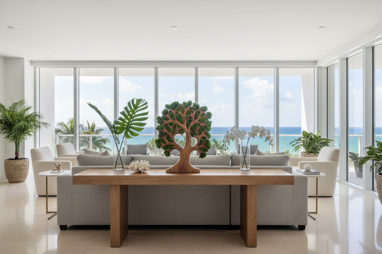 Tree of life natural wood with moss as table decor in Miami interior