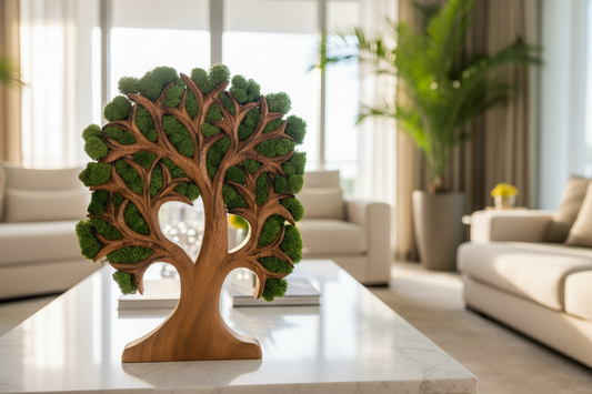 Tree of life natural wood with moss close-up as table decor