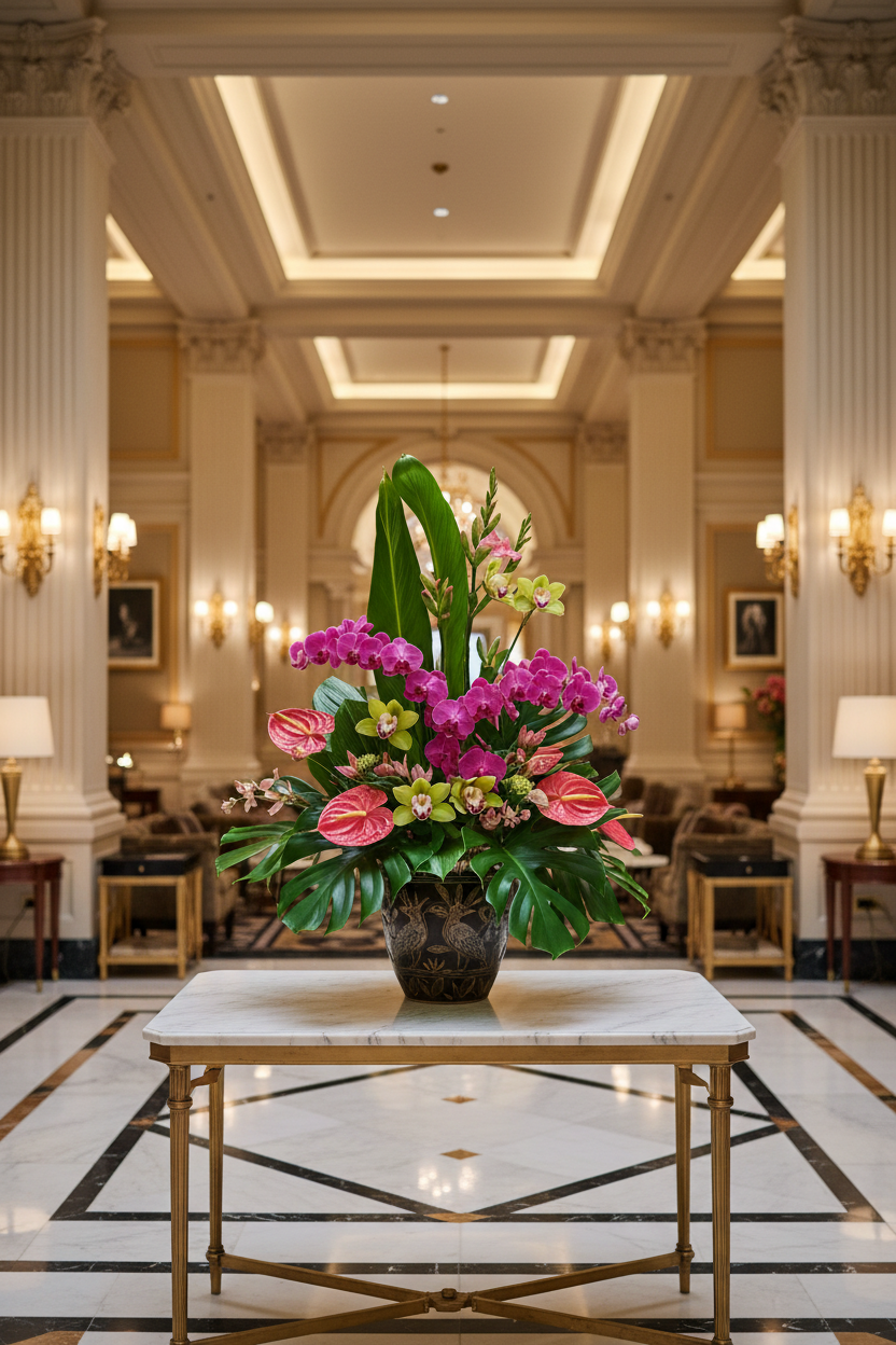Tropical Floral Arrangement in Luxury Hotel Hall